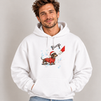 Man wearing the White Wiener Dog Boop Christmas Hoodie with jeans