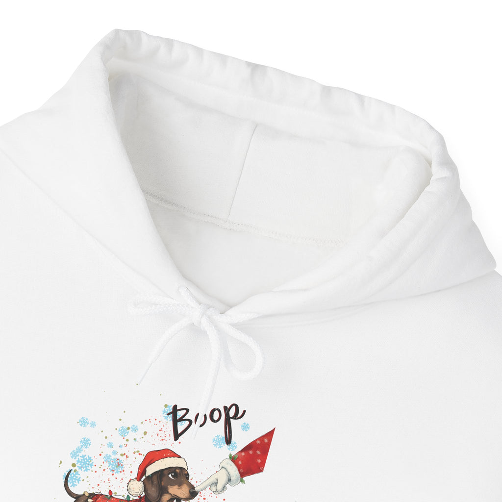 Wiener Dog Boop Christmas Hoodie, front collar close-up