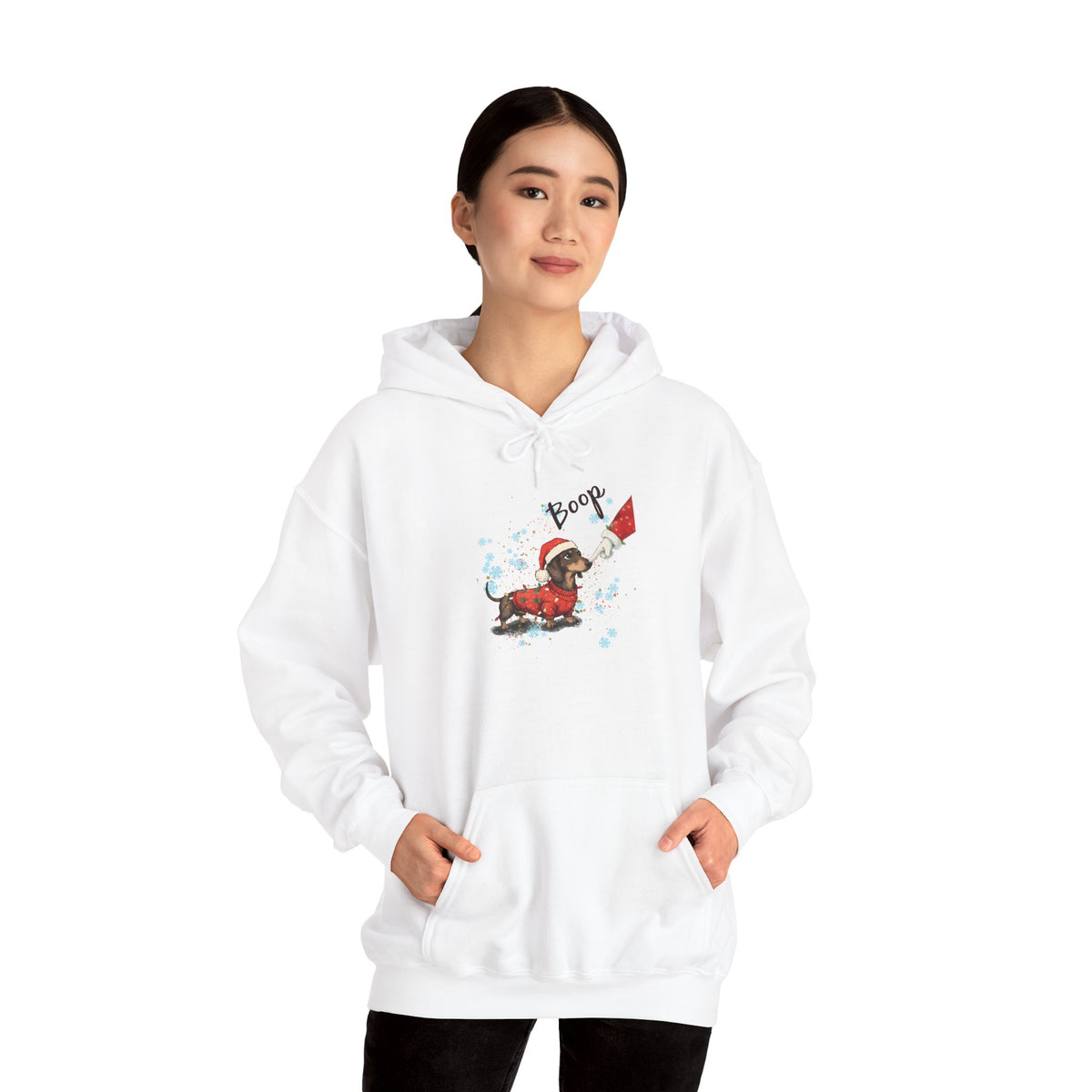 Model wearing the white Wiener Dog Boop Christmas Hoodie