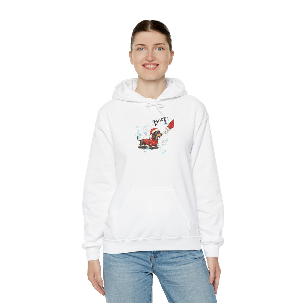 Model wearing the white Wiener Dog Boop Christmas Hoodie