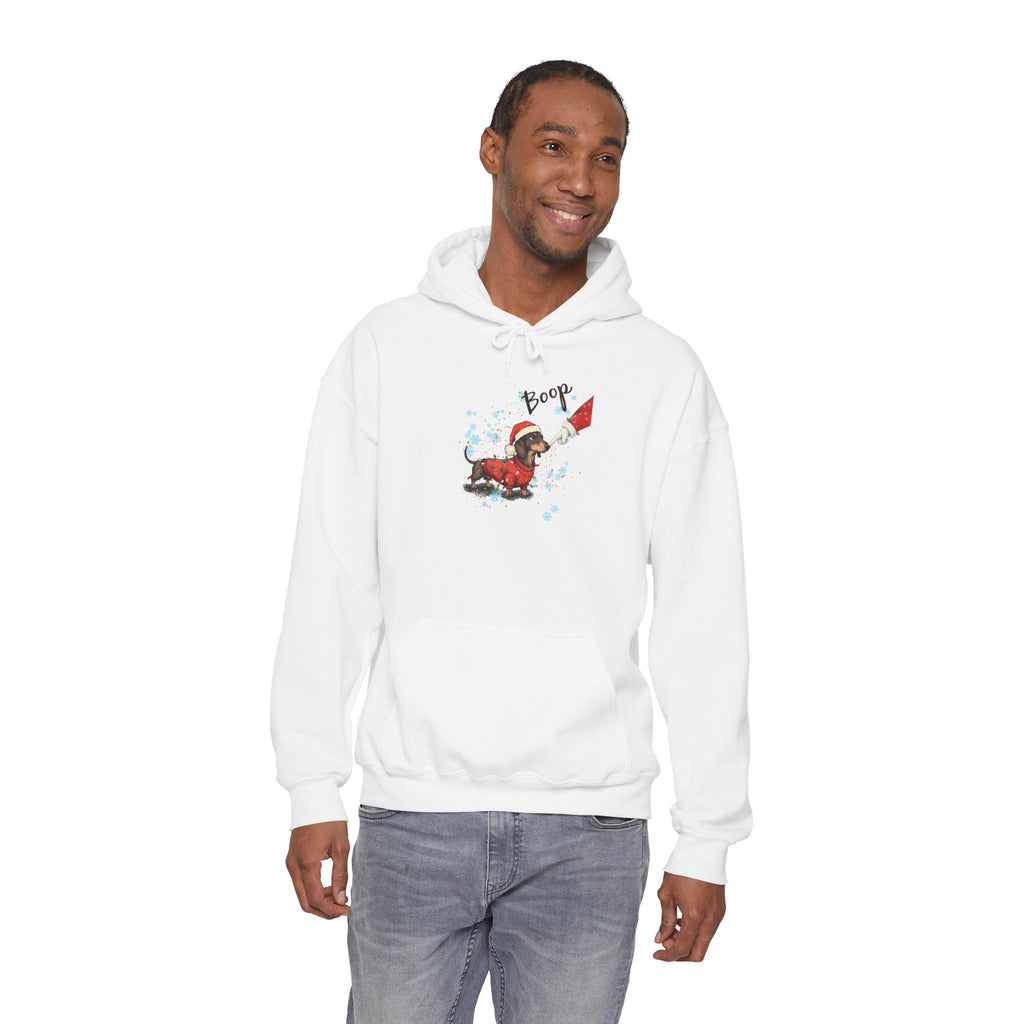 Model wearing the white Wiener Dog Boop Christmas Hoodie