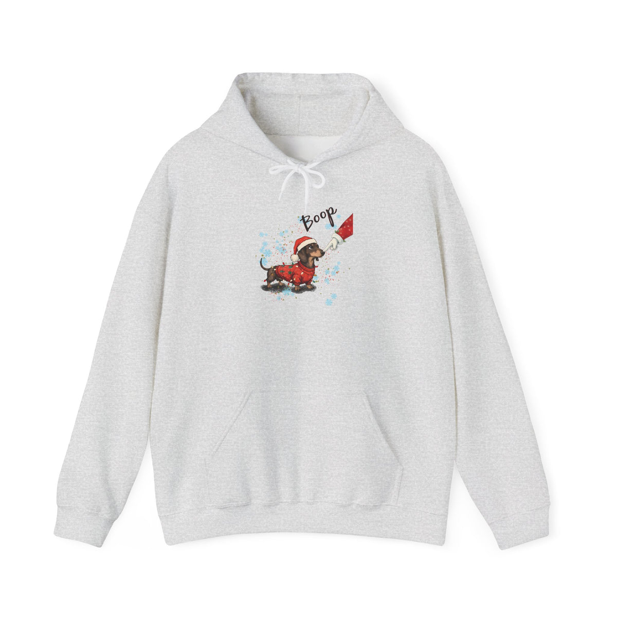Ash Wiener Dog Boop Christmas hoodie with Santa booping the nose of a dachshund in a Christmas sweater, front view
