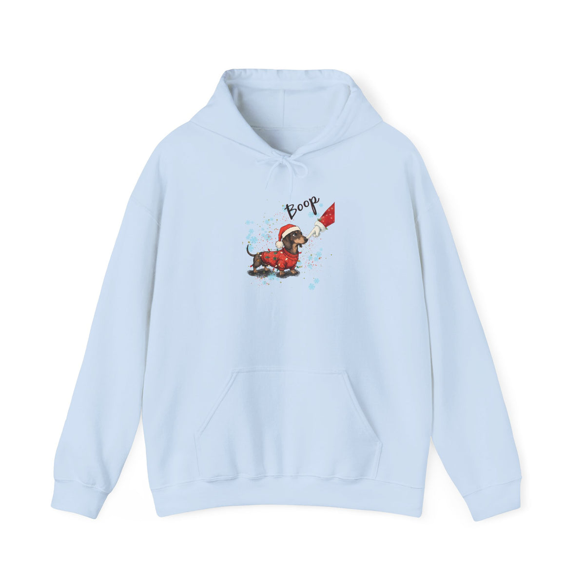 Light Blue Wiener Dog Boop Christmas hoodie with Santa booping the nose of a dachshund in a Christmas sweater, front view