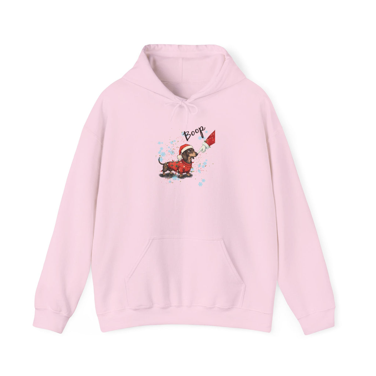 Light Pink Wiener Dog Boop Christmas hoodie with Santa booping the nose of a dachshund in a Christmas sweater, front view