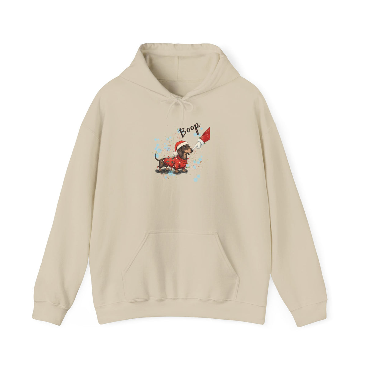 Sand Wiener Dog Boop Christmas hoodie with Santa booping the nose of a dachshund in a Christmas sweater, front view