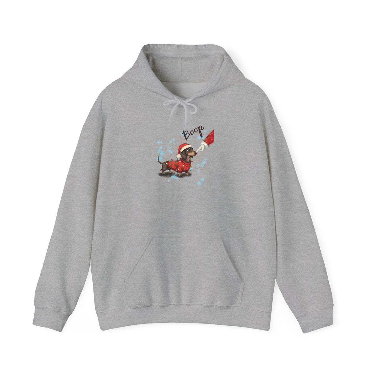 Sport Grey Wiener Dog Boop Christmas hoodie with Santa booping the nose of a dachshund in a Christmas sweater, front view