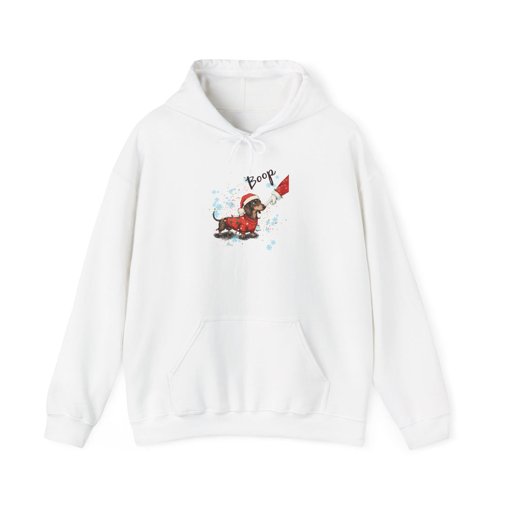 White Wiener Dog Boop Christmas hoodie with Santa booping the nose of a dachshund in a Christmas sweater, front view