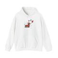 White Wiener Dog Boop Christmas hoodie with Santa booping the nose of a dachshund in a Christmas sweater, front view