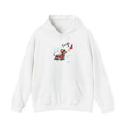 White Wiener Dog Boop Christmas hoodie with Santa booping the nose of a dachshund in a Christmas sweater, front view