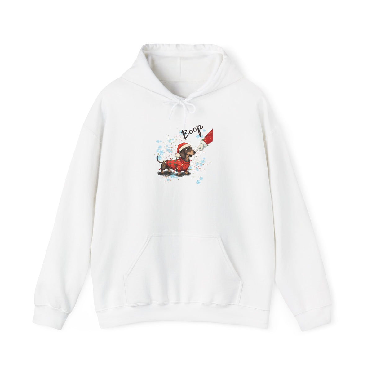 White Wiener Dog Boop Christmas hoodie with Santa booping the nose of a dachshund in a Christmas sweater, front view