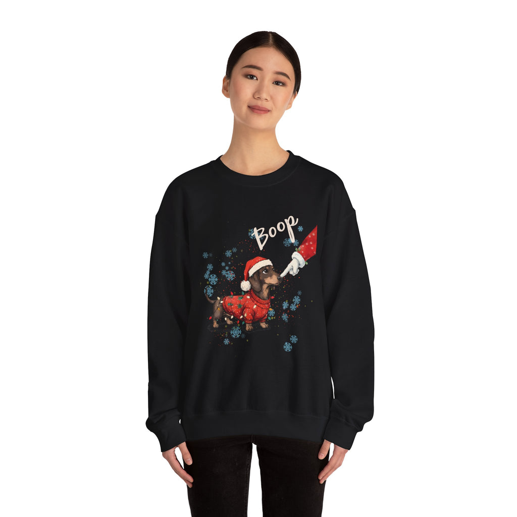 Model wearing the black Wiener Dog Boop Christmas Sweatshirt
