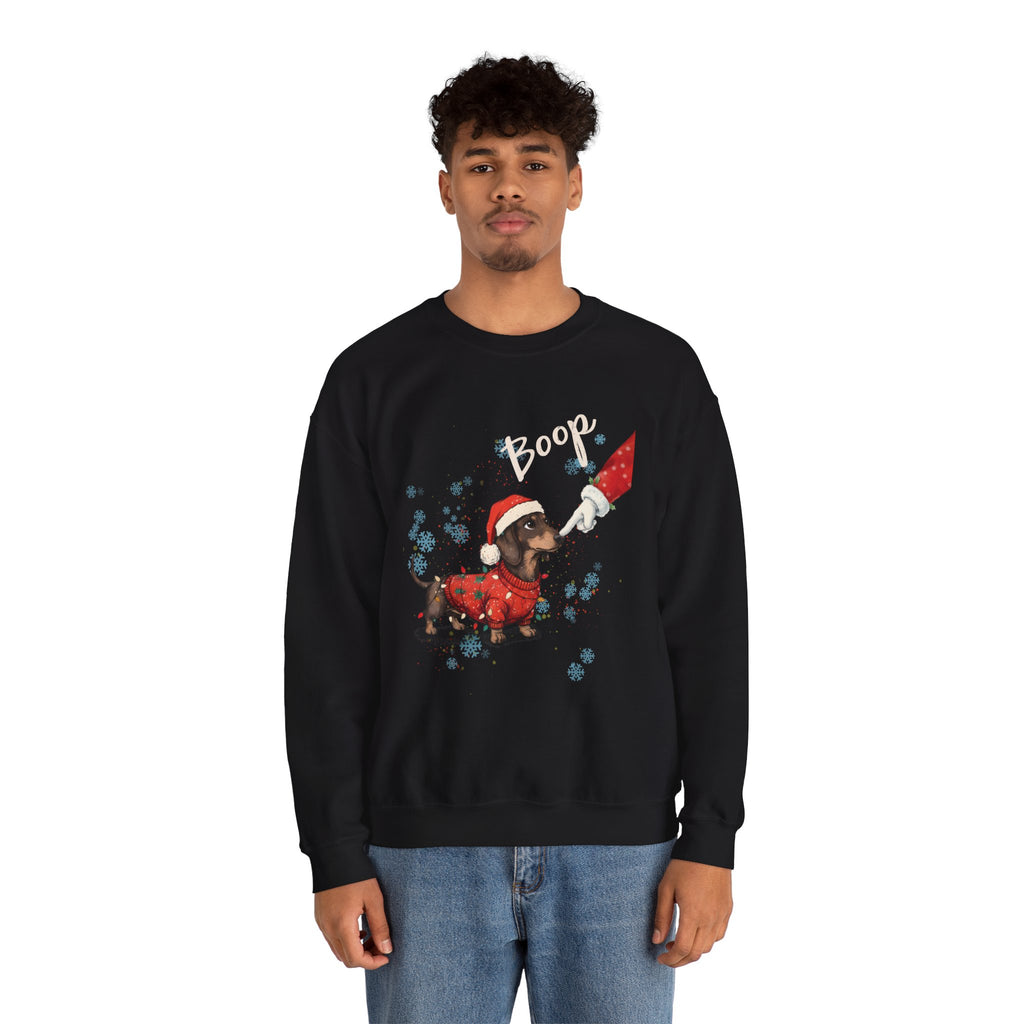 Model wearing the black Wiener Dog Boop Christmas Sweatshirt