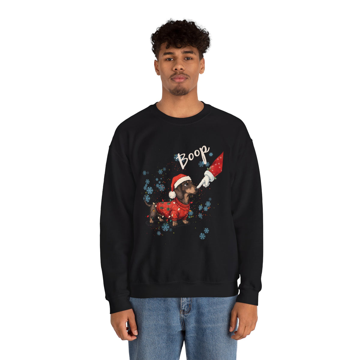 Model wearing the black Wiener Dog Boop Christmas Sweatshirt