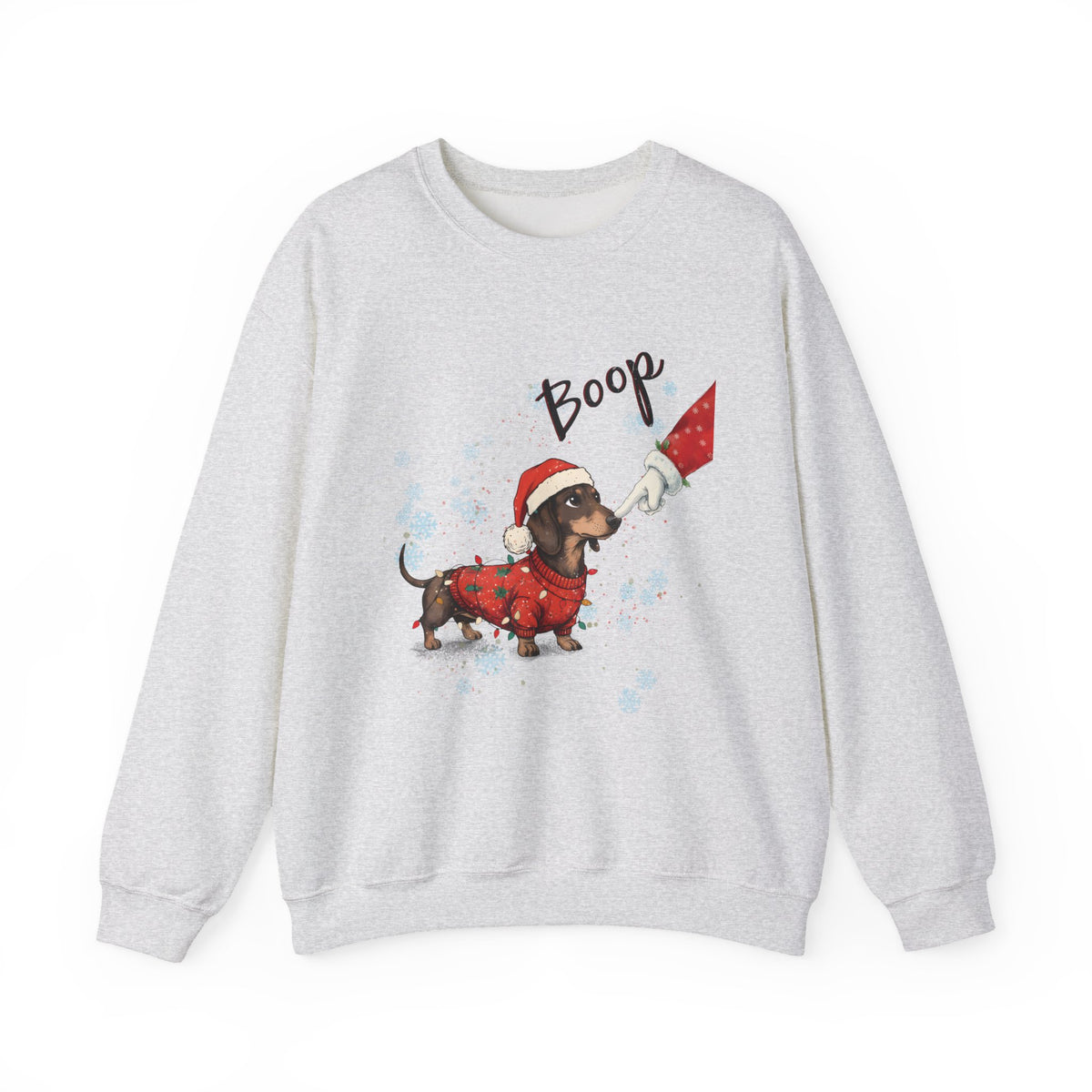 Ash Wiener Dog Boop Christmas sweatshirt with Santa booping the nose of a dachshund in a Christmas sweater, front view