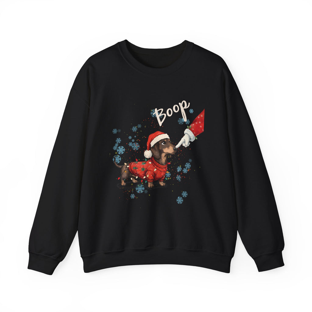 Black Wiener Dog Boop Christmas sweatshirt with Santa booping the nose of a dachshund in a Christmas sweater, front view
