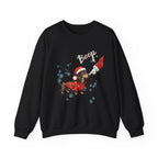 Black Wiener Dog Boop Christmas sweatshirt with Santa booping the nose of a dachshund in a Christmas sweater, front view
