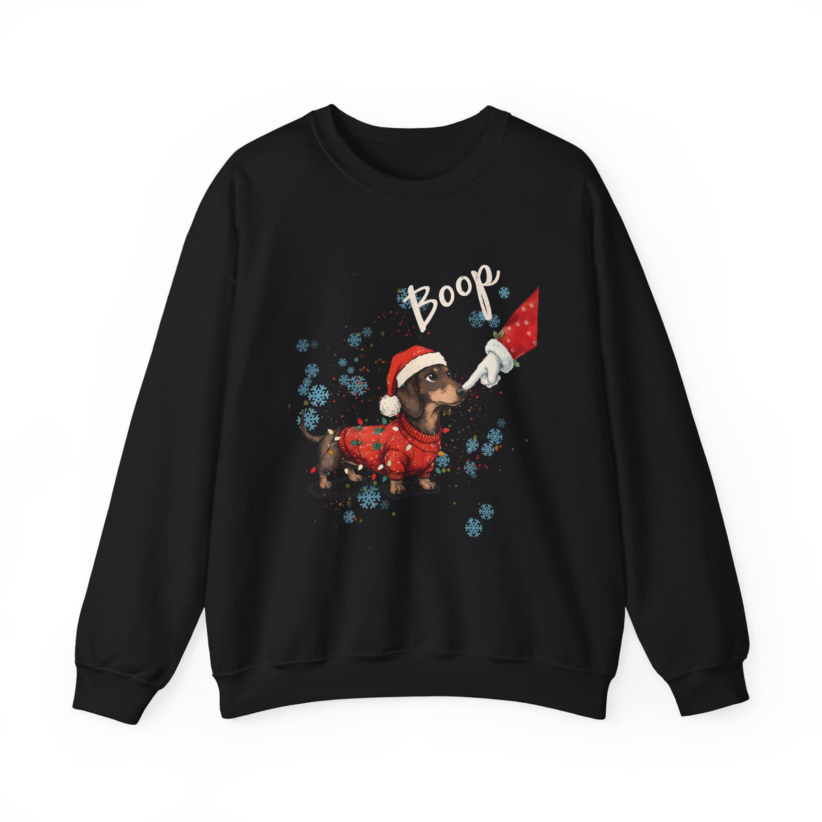 Black Wiener Dog Boop Christmas sweatshirt with Santa booping the nose of a dachshund in a Christmas sweater, front view