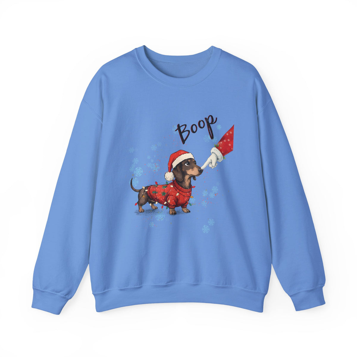 Carolina Blue Wiener Dog Boop Christmas sweatshirt with Santa booping the nose of a dachshund in a Christmas sweater, front view