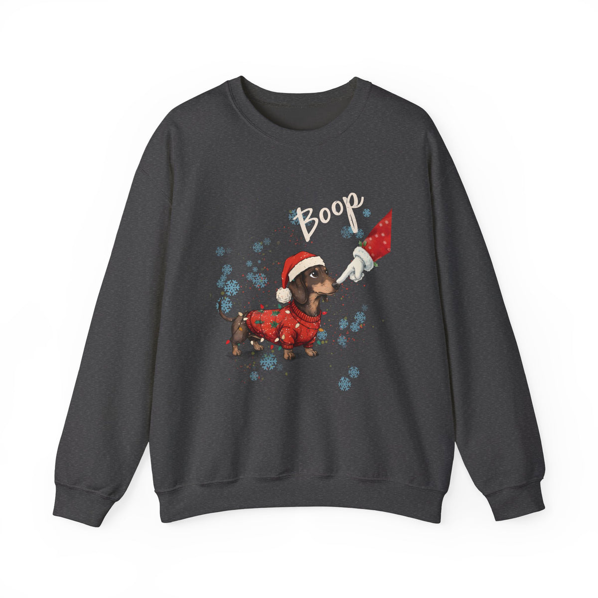 Dark Heather Wiener Dog Boop Christmas sweatshirt with Santa booping the nose of a dachshund in a Christmas sweater, front view