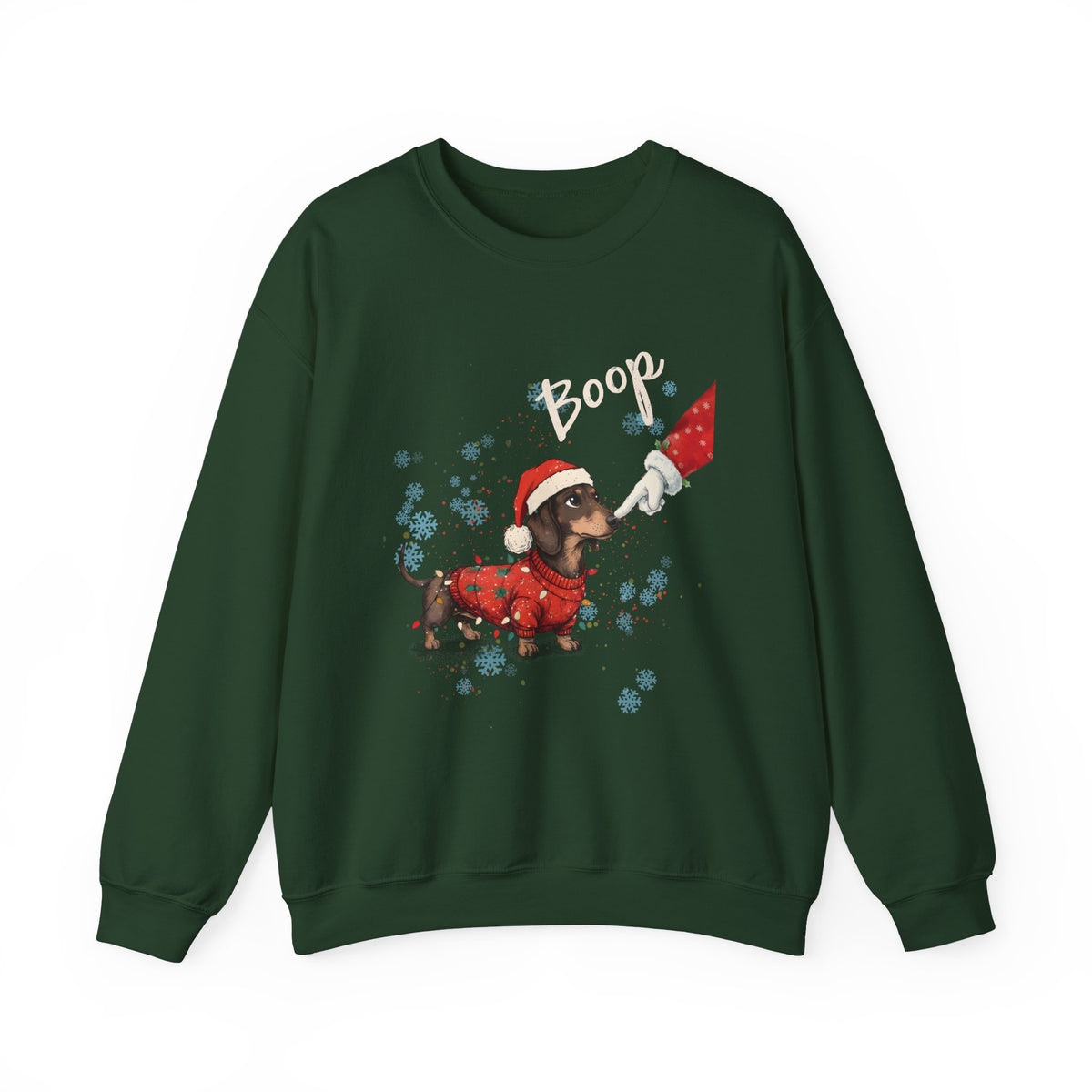 Forest Green Wiener Dog Boop Christmas sweatshirt with Santa booping the nose of a dachshund in a Christmas sweater, front view