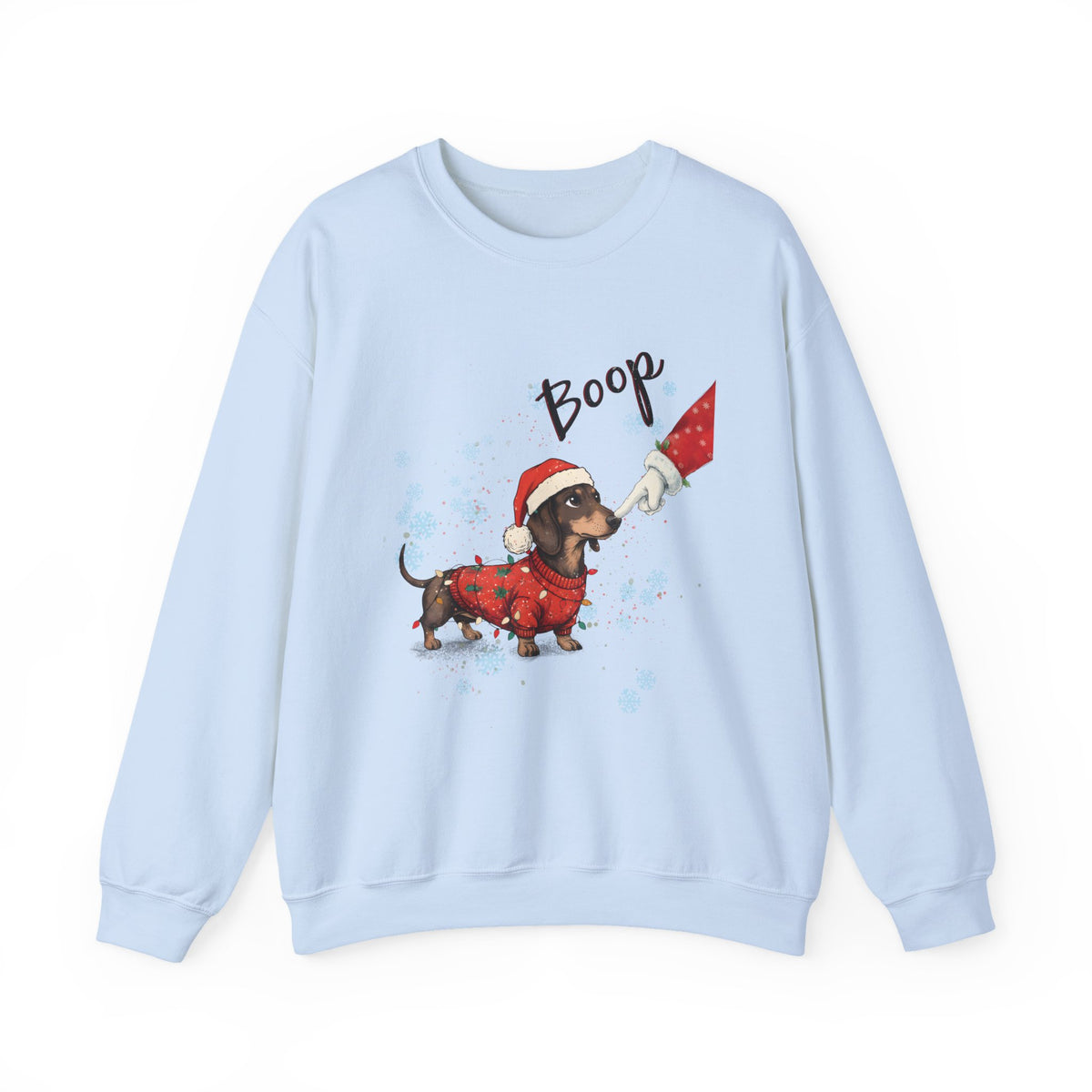 Light Blue Wiener Dog Boop Christmas sweatshirt with Santa booping the nose of a dachshund in a Christmas sweater, front view