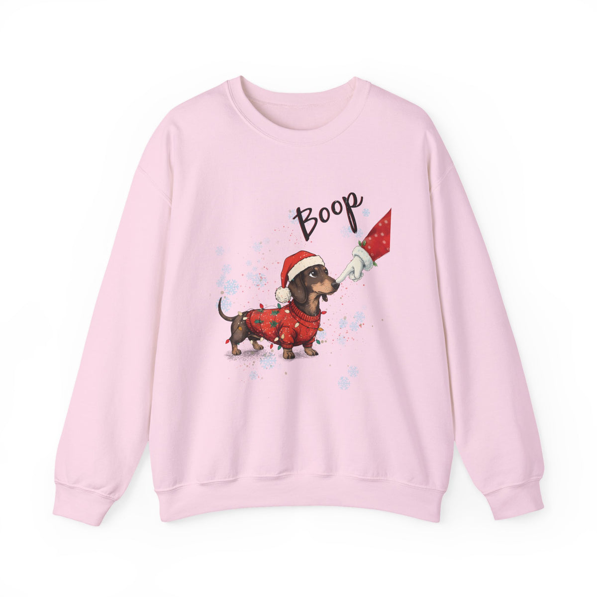 Light Pink Wiener Dog Boop Christmas sweatshirt with Santa booping the nose of a dachshund in a Christmas sweater, front view