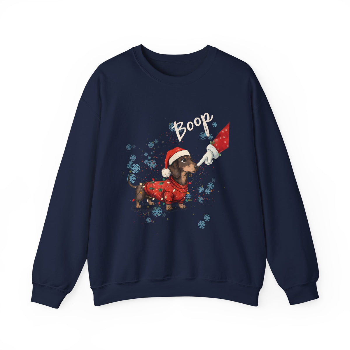 Navy Wiener Dog Boop Christmas sweatshirt with Santa booping the nose of a dachshund in a Christmas sweater, front view
