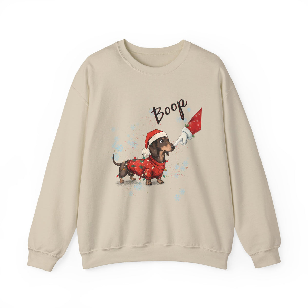 Sand Wiener Dog Boop Christmas sweatshirt with Santa booping the nose of a dachshund in a Christmas sweater, front view