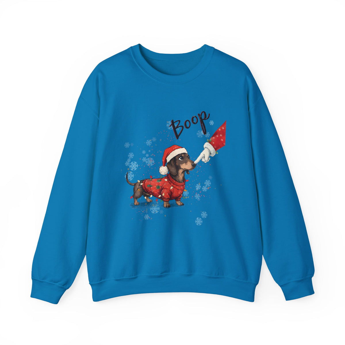 Sapphire Wiener Dog Boop Christmas sweatshirt with Santa booping the nose of a dachshund in a Christmas sweater, front view