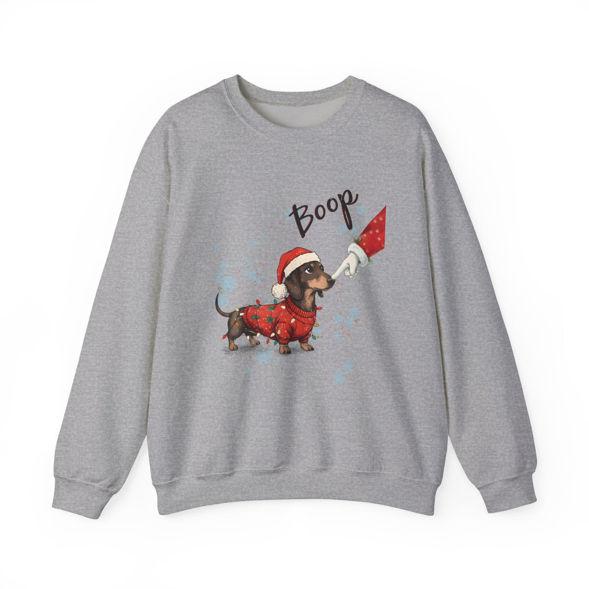 Sport Grey Wiener Dog Boop Christmas sweatshirt with Santa booping the nose of a dachshund in a Christmas sweater, front view