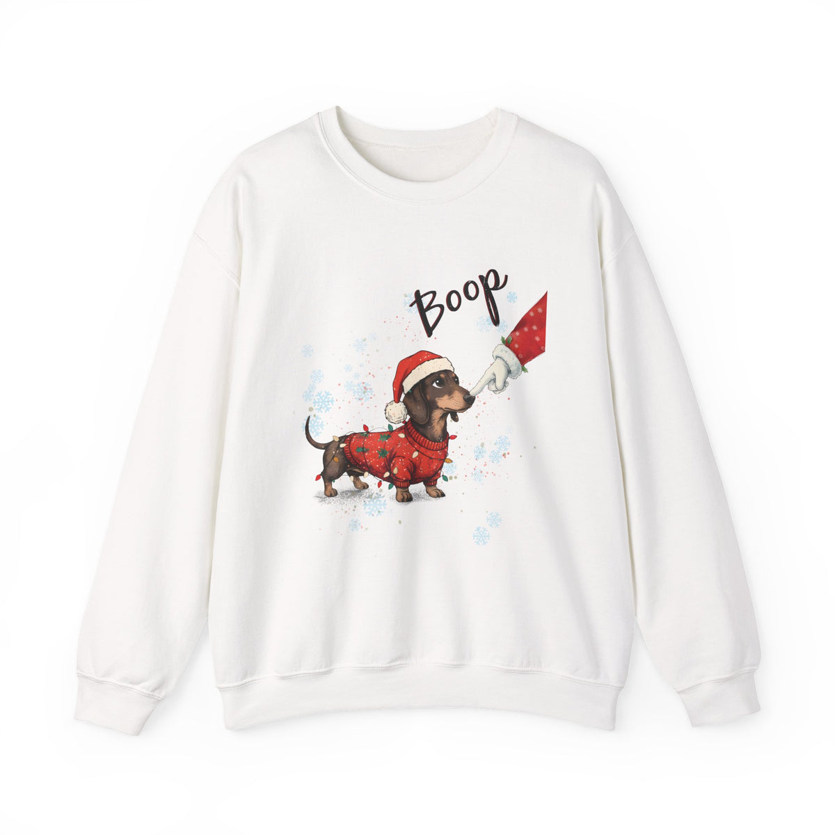 White Wiener Dog Boop Christmas sweatshirt with Santa booping the nose of a dachshund in a Christmas sweater, front view