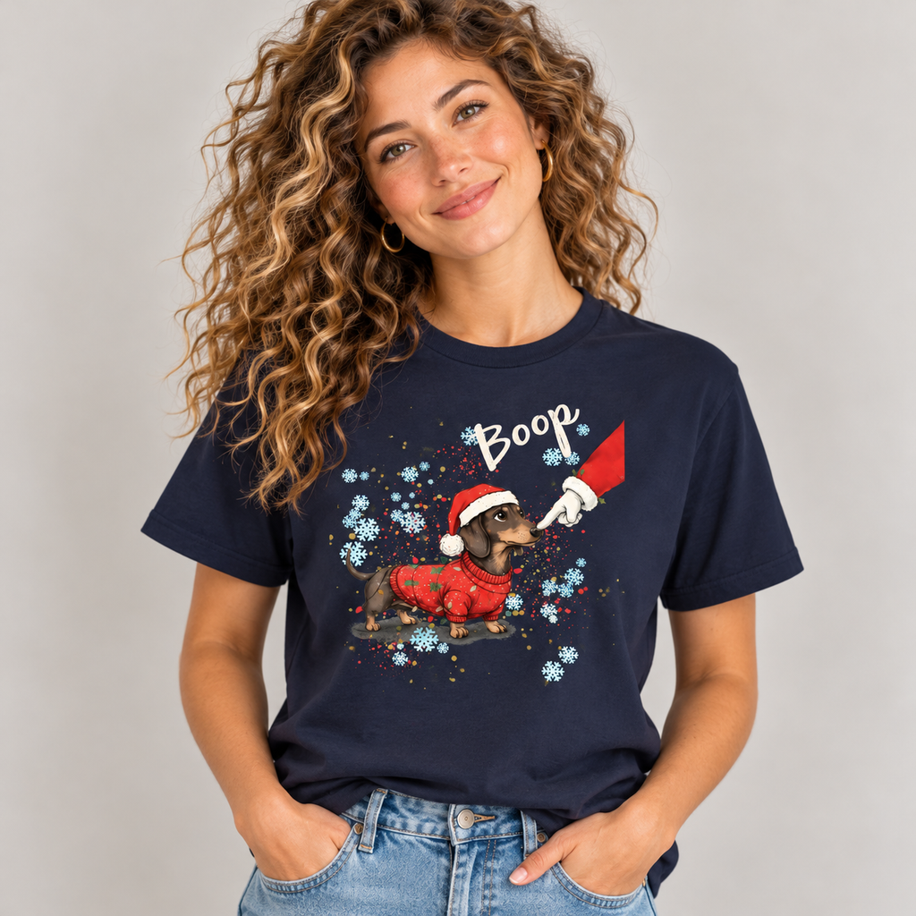 Woman wearing the Navy Wiener Dog Boop Christmas T-Shirt with jeans