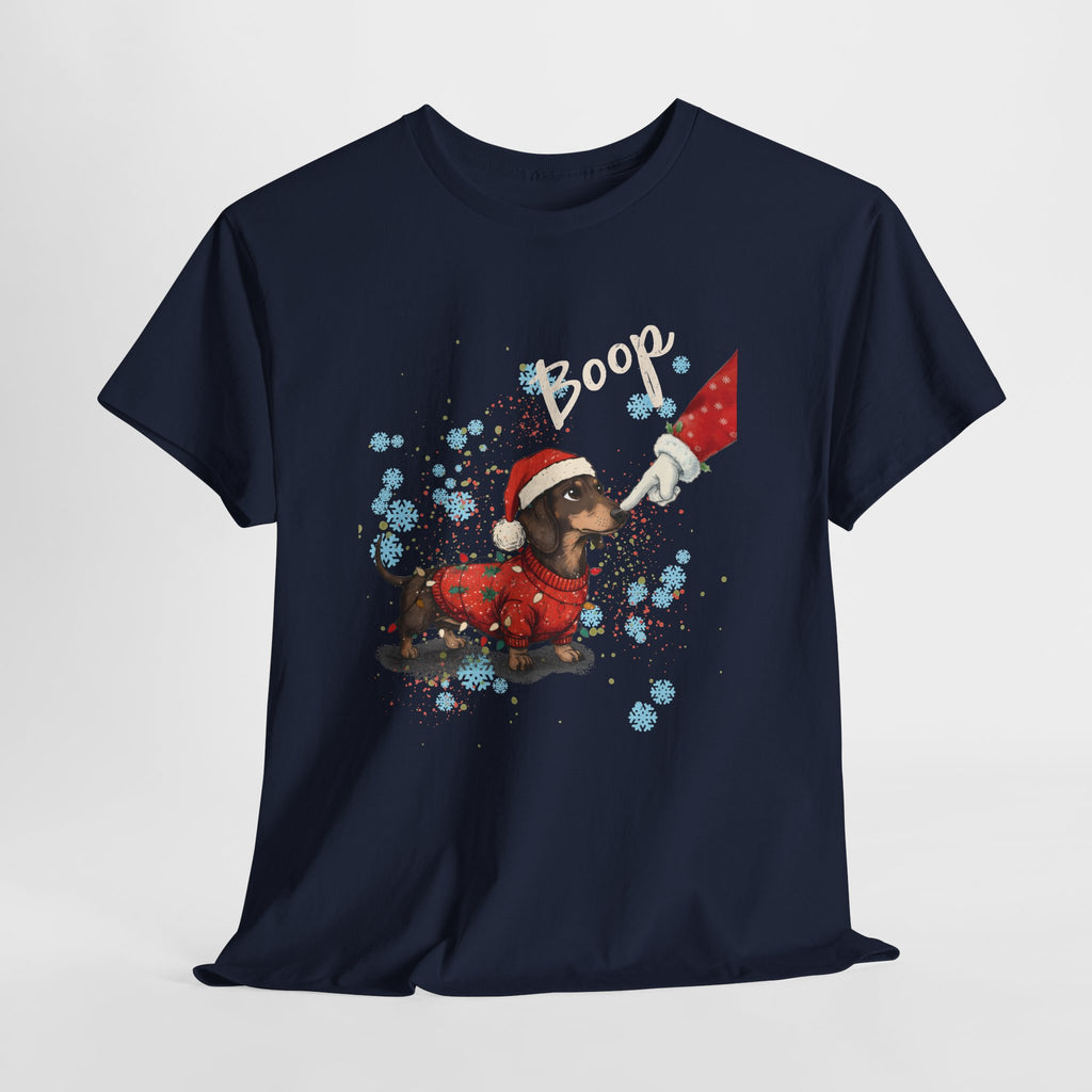 Wiener Dog Boop Christmas T-Shirt, flat lay