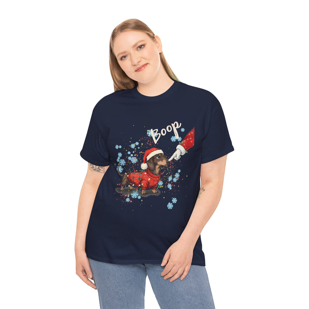 Model wearing the navy Wiener Dog Boop Christmas T-Shirt