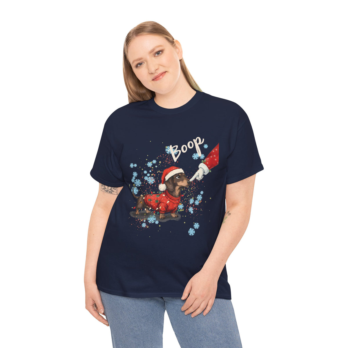 Model wearing the navy Wiener Dog Boop Christmas T-Shirt