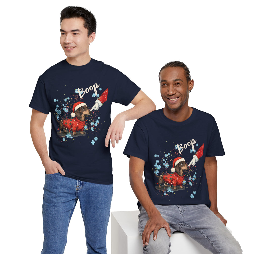Model wearing the navy Wiener Dog Boop Christmas T-Shirt