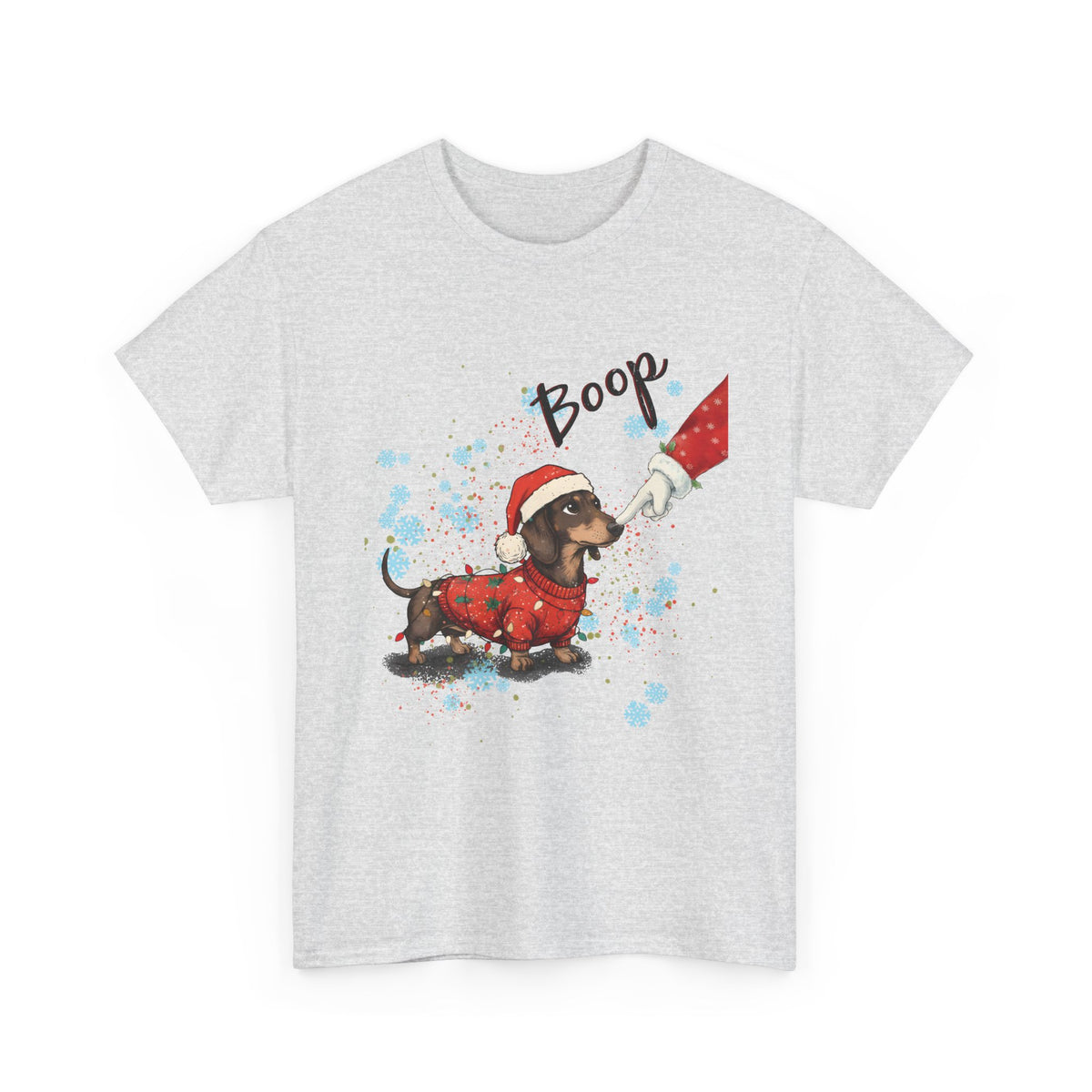 Ash Wiener Dog Boop Christmas t-shirt with Santa booping the nose of a dachshund in a Christmas sweater, front view