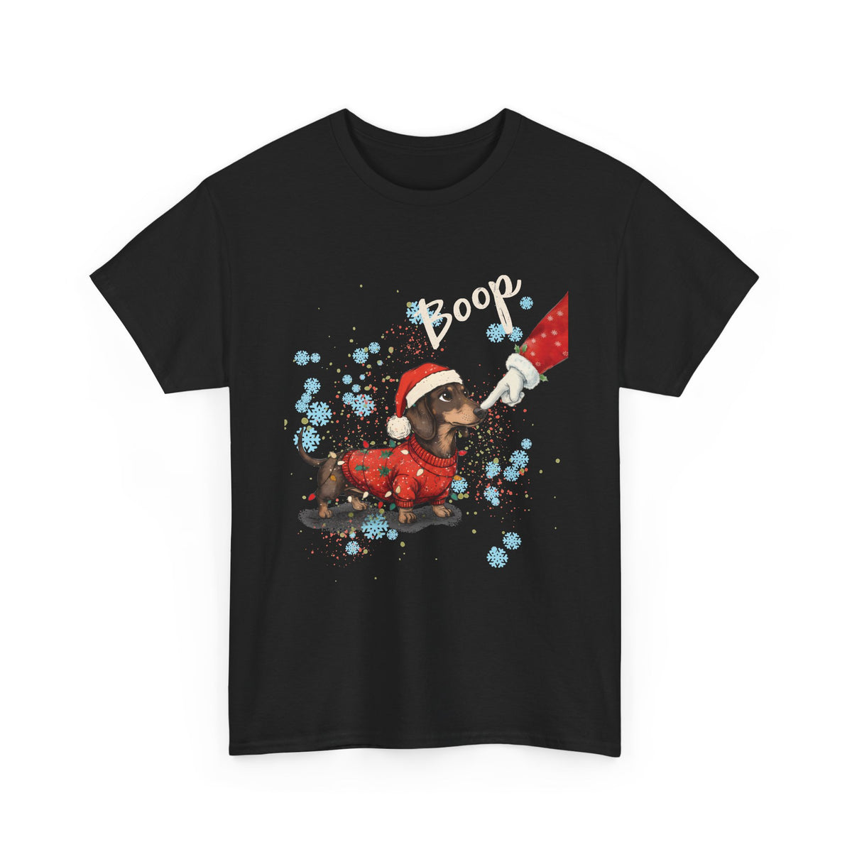 Black Wiener Dog Boop Christmas t-shirt with Santa booping the nose of a dachshund in a Christmas sweater, front view