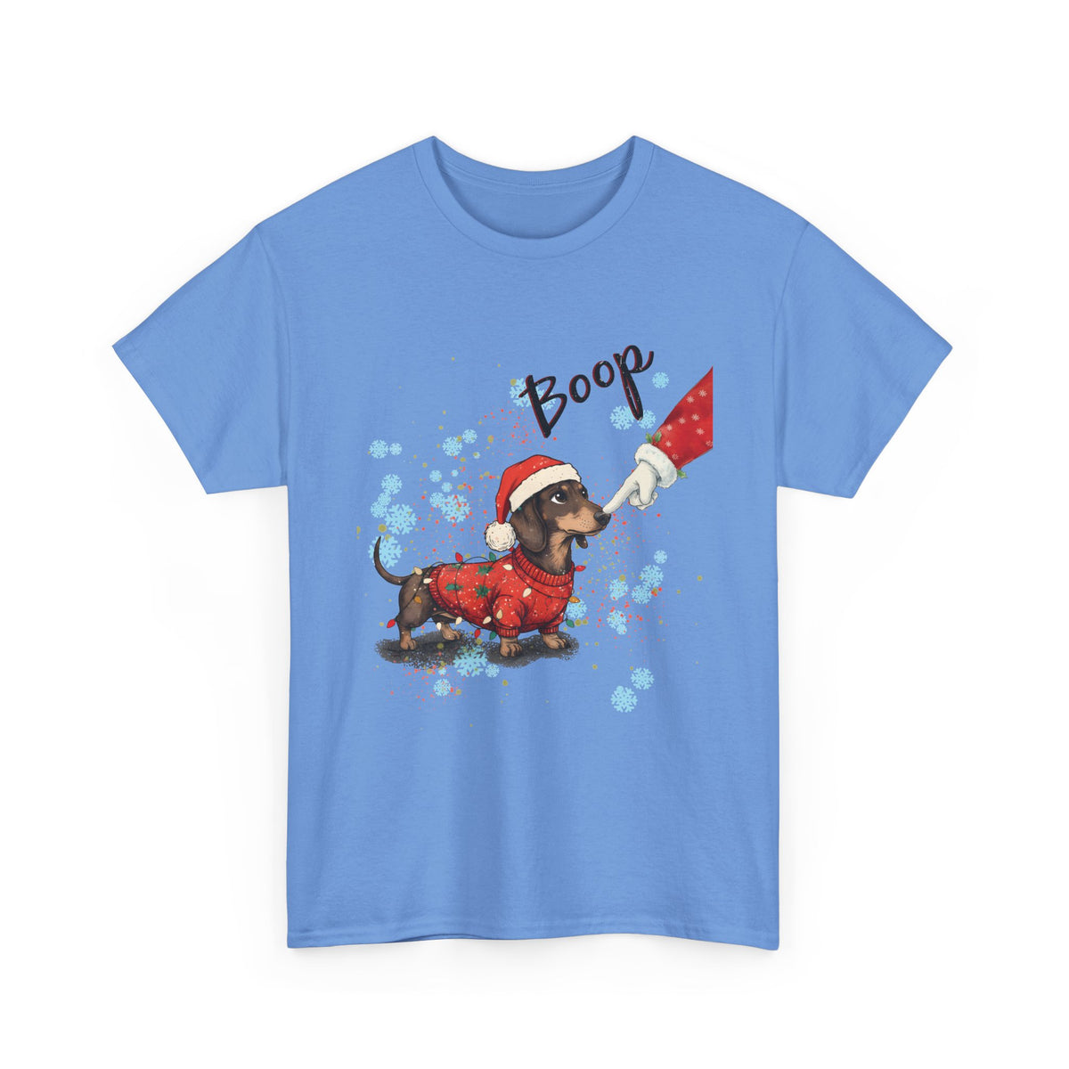 Carolina Blue Wiener Dog Boop Christmas t-shirt with Santa booping the nose of a dachshund in a Christmas sweater, front view