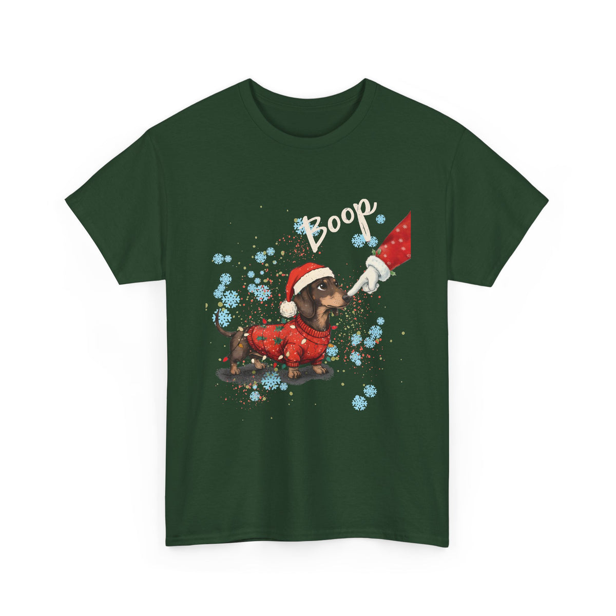 Forest Green Wiener Dog Boop Christmas t-shirt with Santa booping the nose of a dachshund in a Christmas sweater, front view