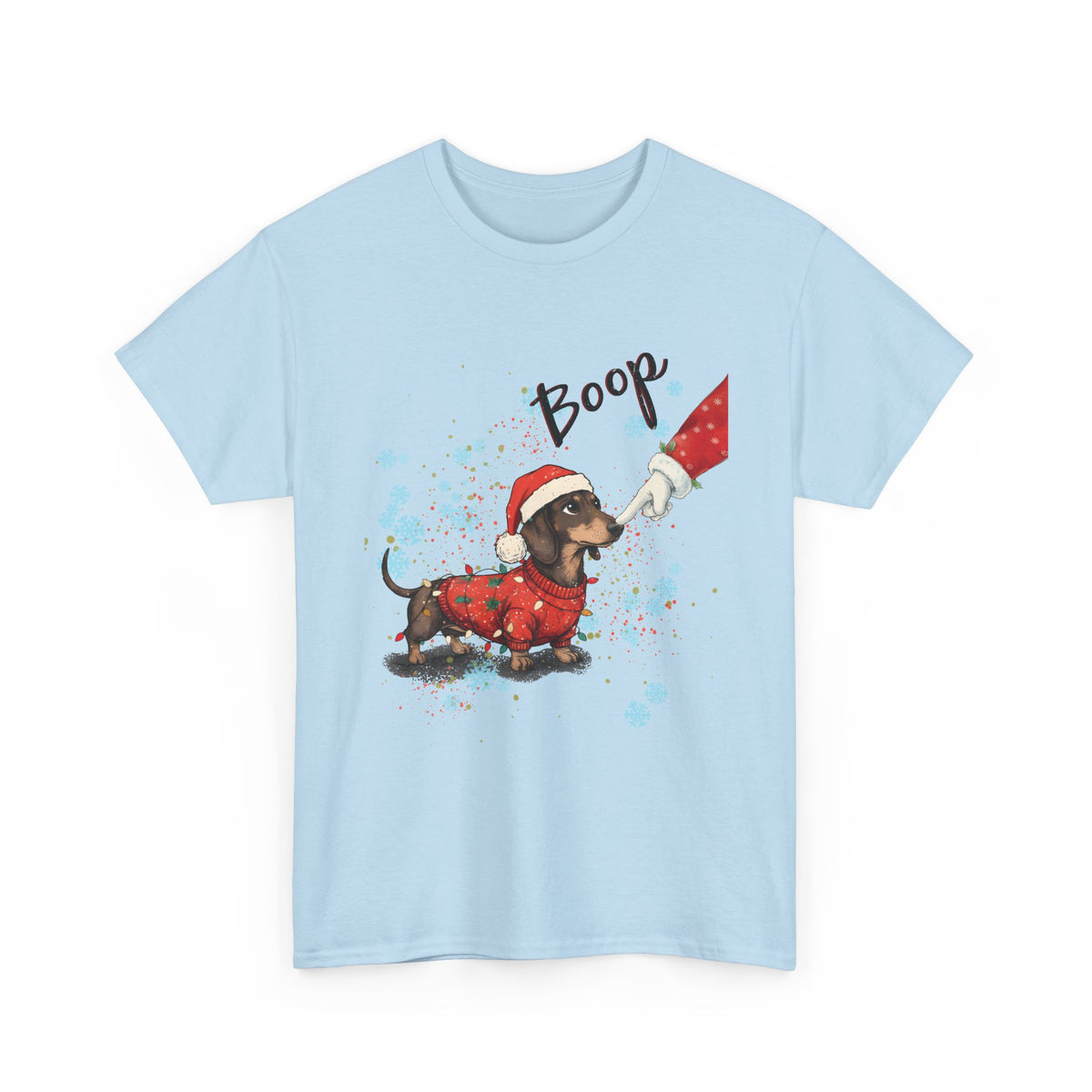 Light Blue Wiener Dog Boop Christmas t-shirt with Santa booping the nose of a dachshund in a Christmas sweater, front view