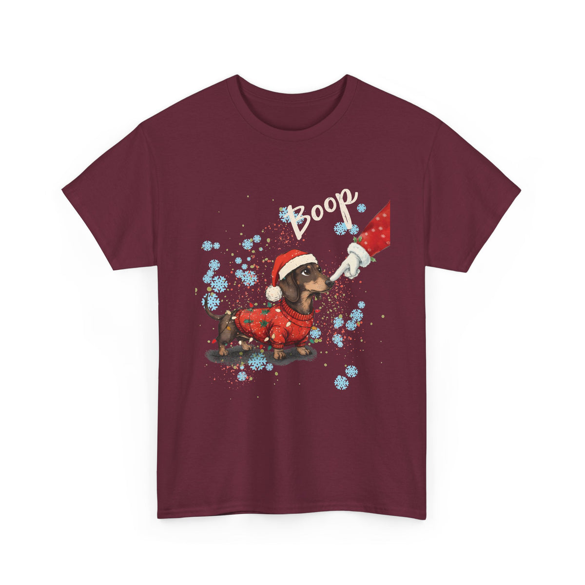 Maroon Wiener Dog Boop Christmas t-shirt with Santa booping the nose of a dachshund in a Christmas sweater, front view