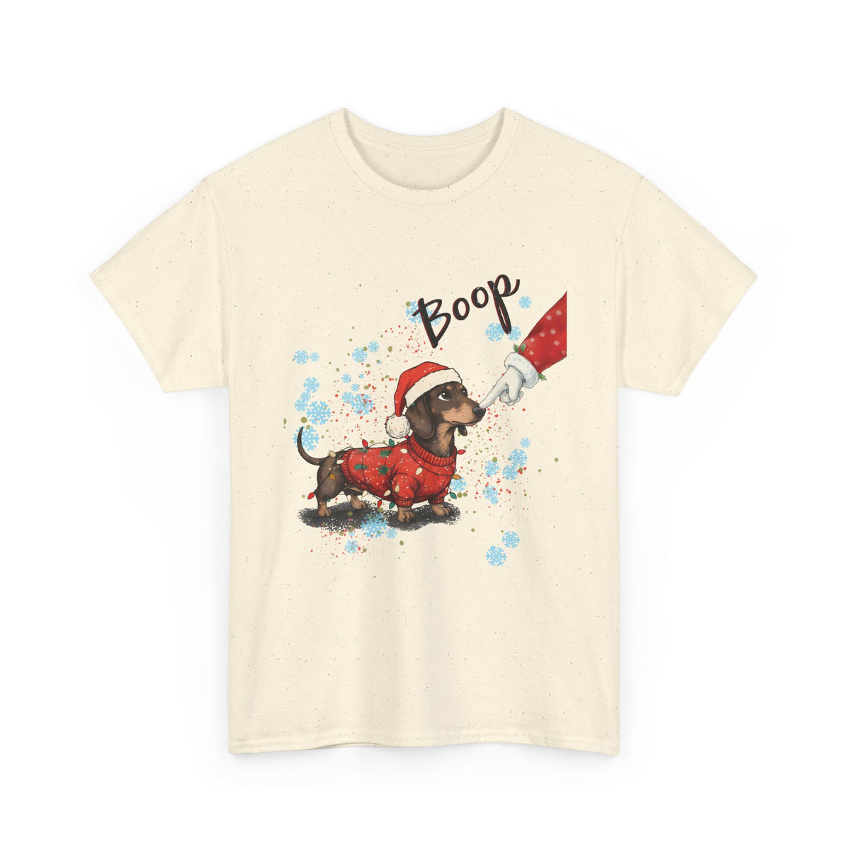 Natural Wiener Dog Boop Christmas t-shirt with Santa booping the nose of a dachshund in a Christmas sweater, front view