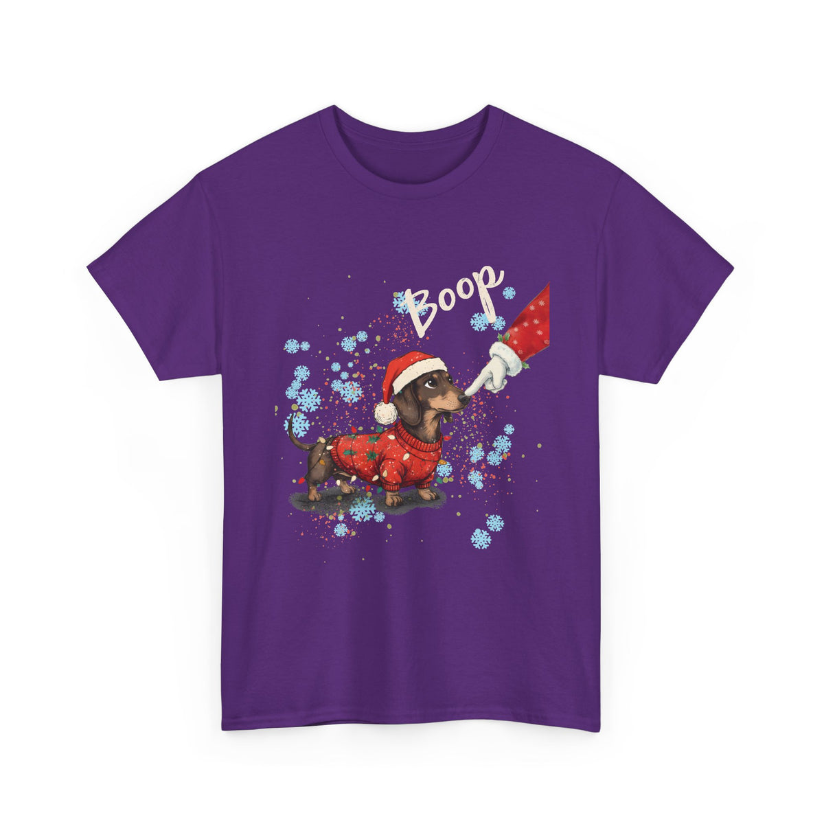 Purple Wiener Dog Boop Christmas t-shirt with Santa booping the nose of a dachshund in a Christmas sweater, front view