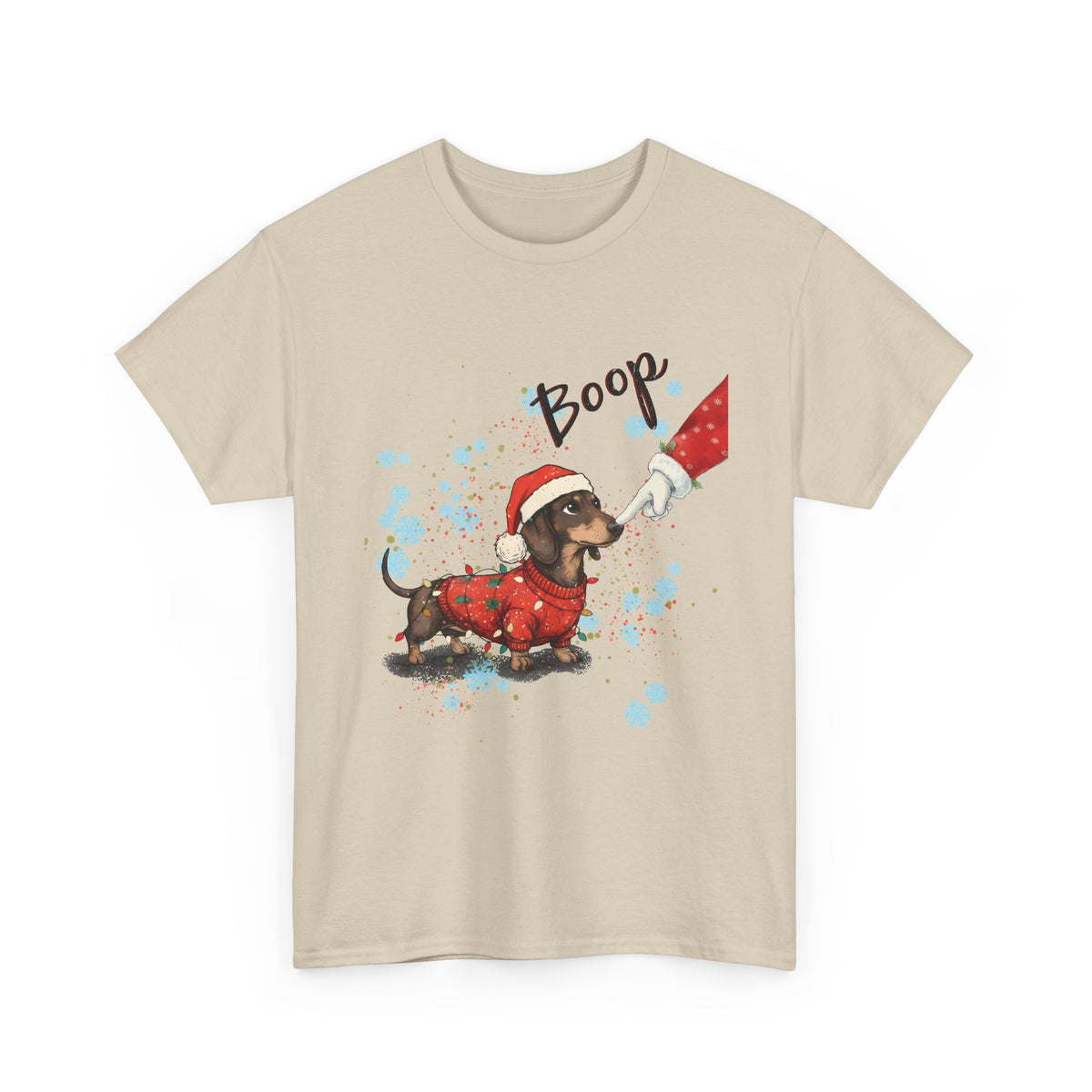 Sand Wiener Dog Boop Christmas t-shirt with Santa booping the nose of a dachshund in a Christmas sweater, front view