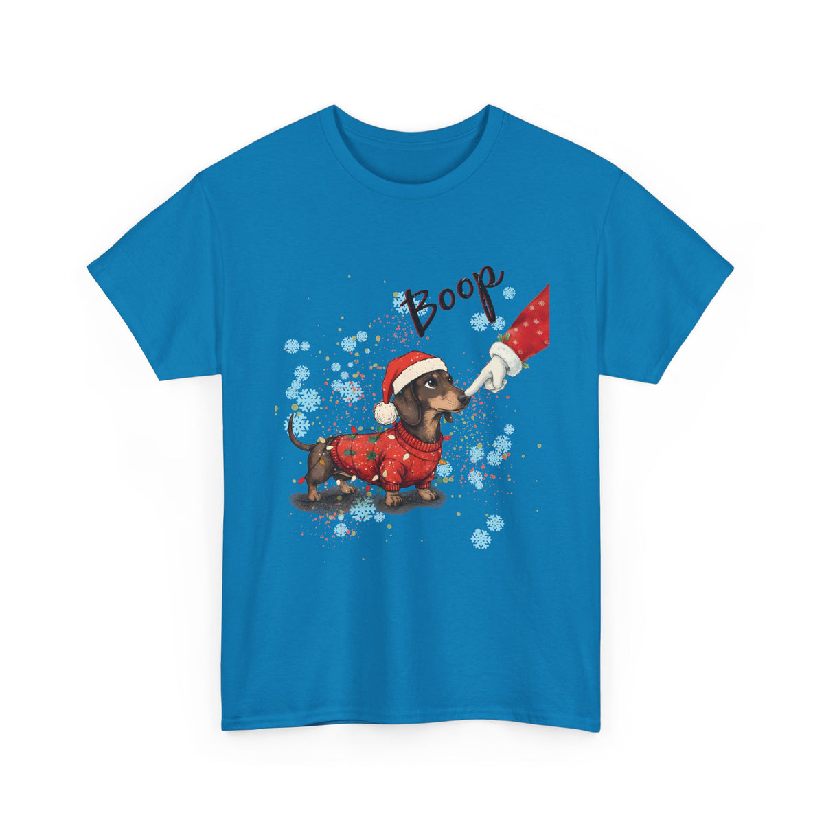 Sapphire Wiener Dog Boop Christmas t-shirt with Santa booping the nose of a dachshund in a Christmas sweater, front view