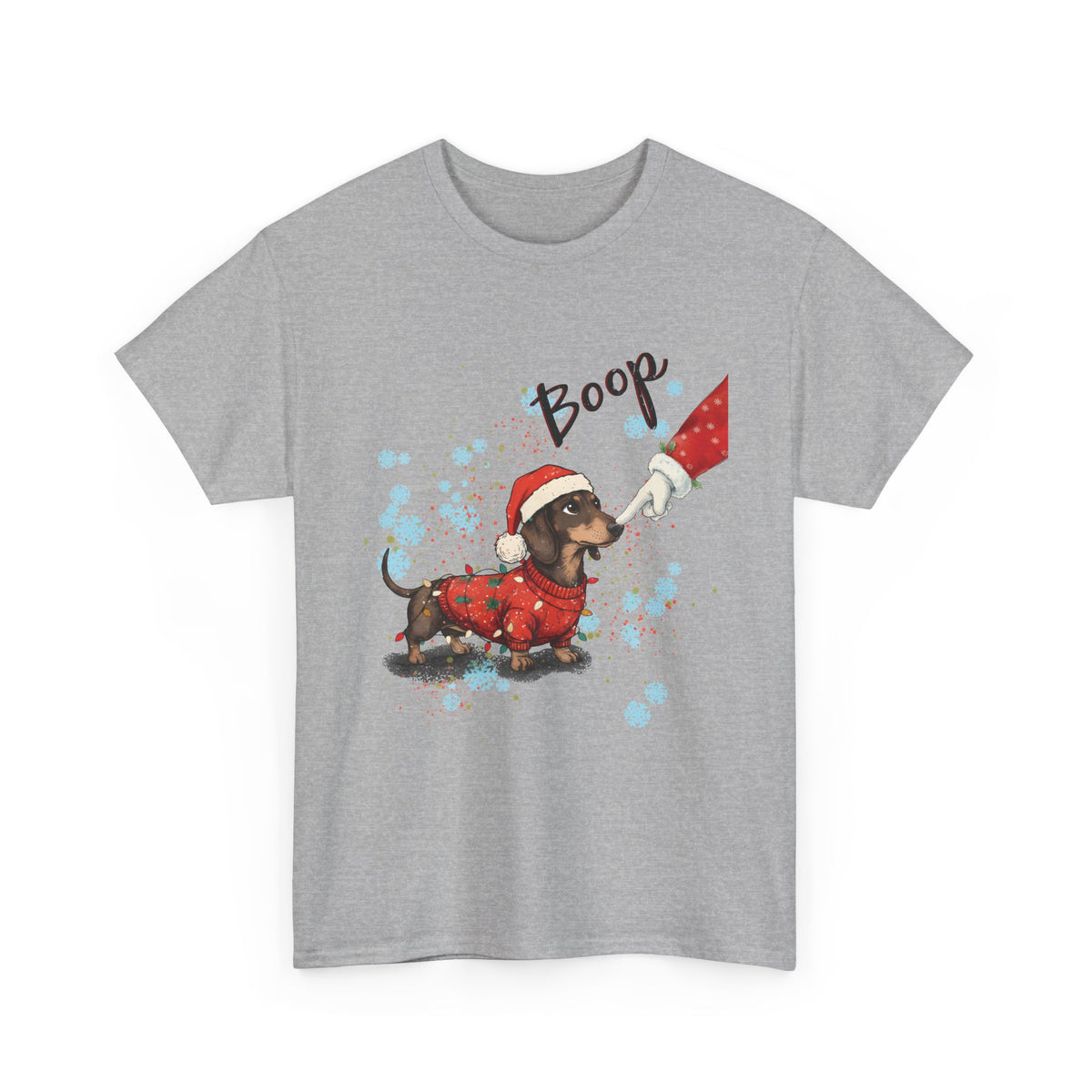 Sport Grey Wiener Dog Boop Christmas t-shirt with Santa booping the nose of a dachshund in a Christmas sweater, front view