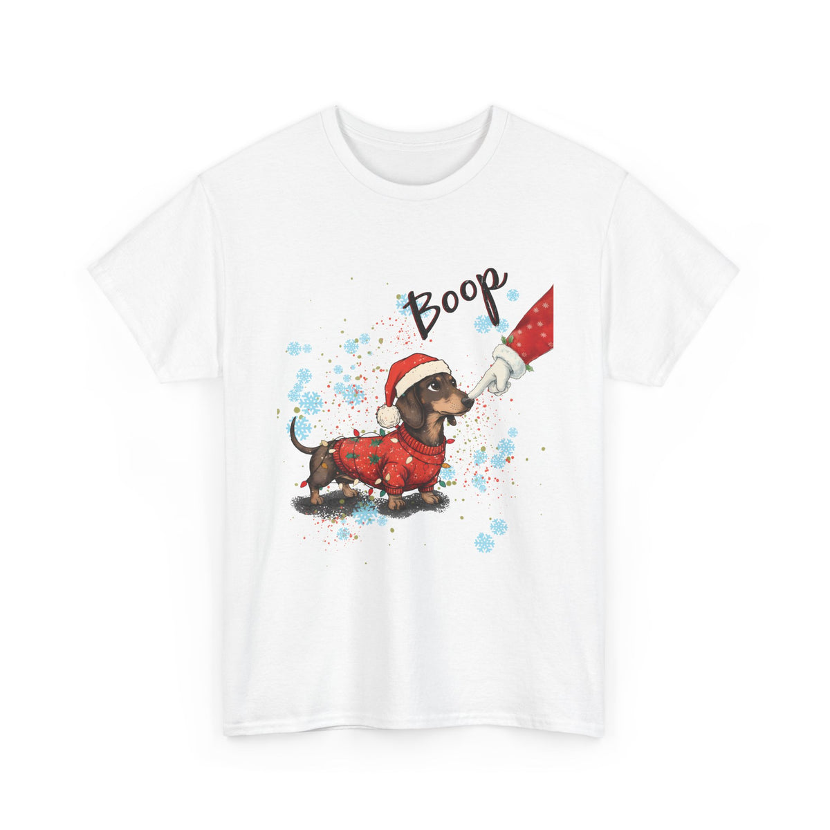 White Wiener Dog Boop Christmas t-shirt with Santa booping the nose of a dachshund in a Christmas sweater, front view