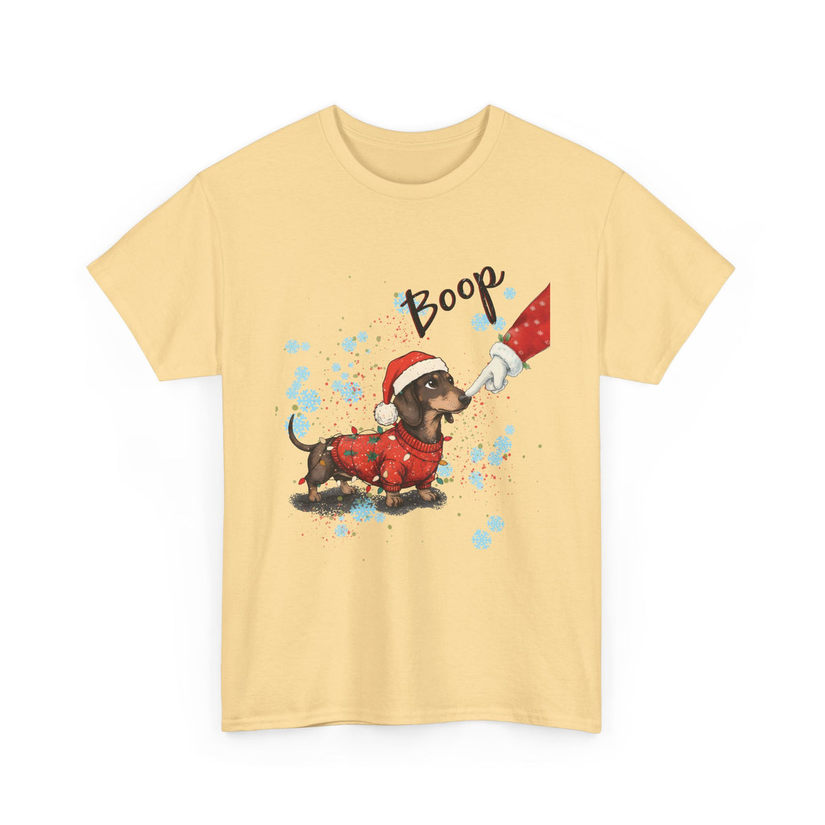 Yellow Haze Wiener Dog Boop Christmas t-shirt with Santa booping the nose of a dachshund in a Christmas sweater, front view