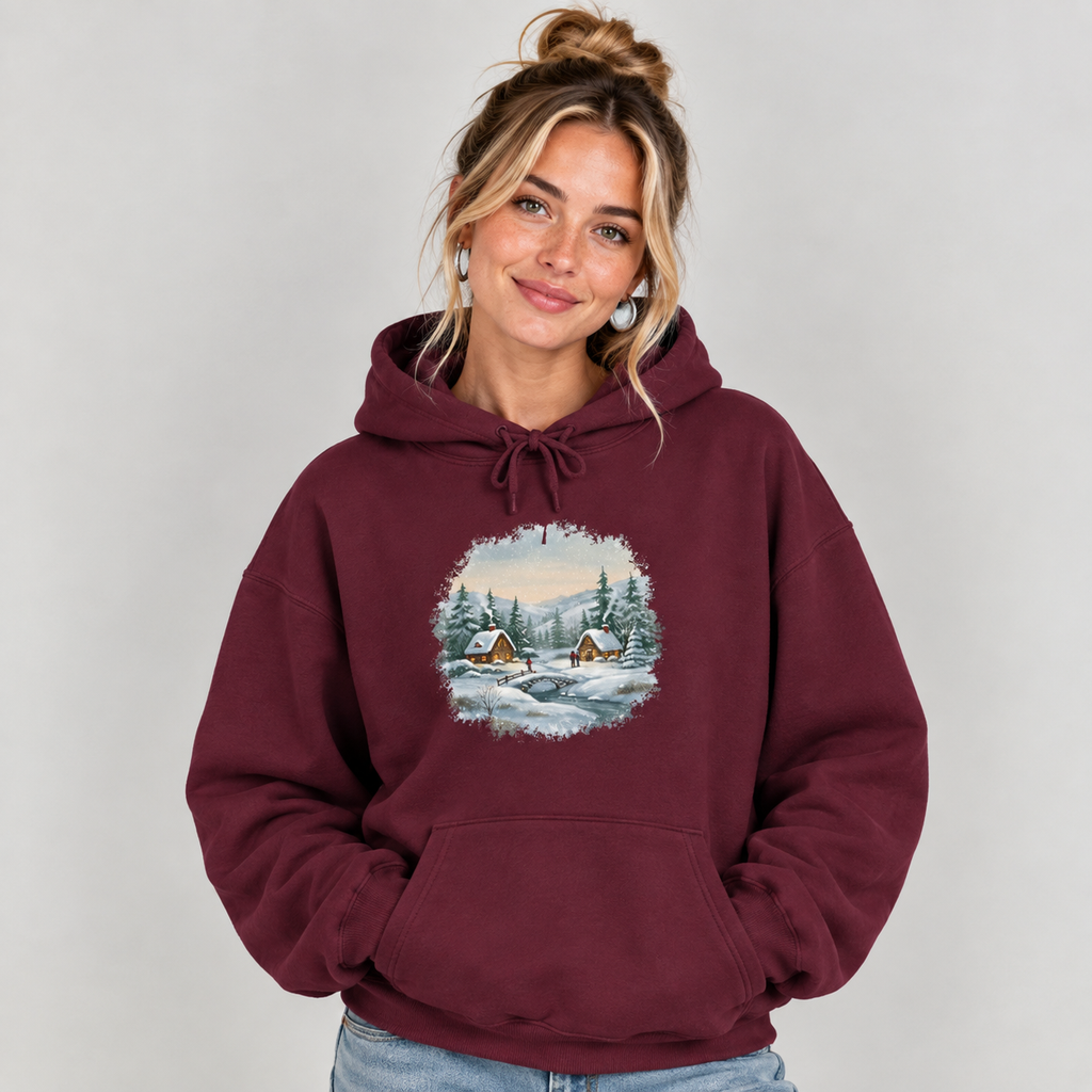 Woman wearing the Maroon Winter Wonderland Snowy Cabin Hoodie with jeans